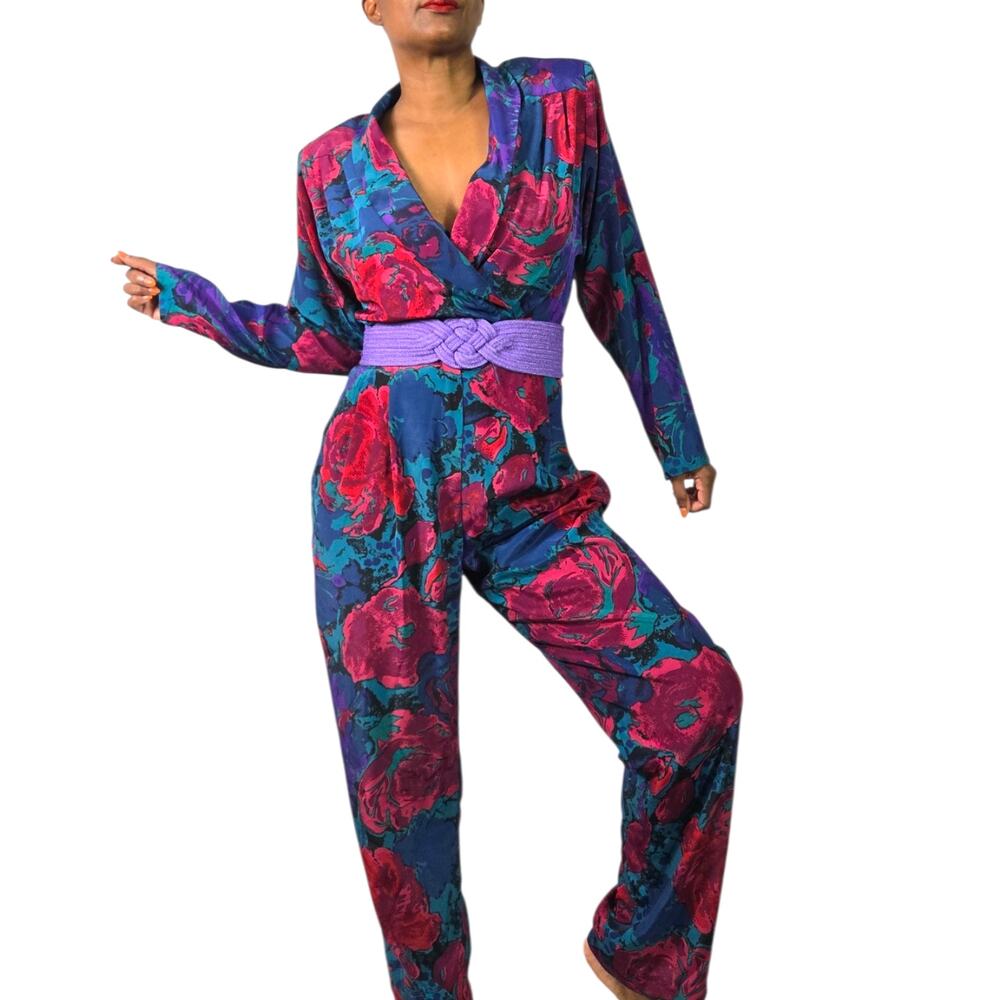 Vintage ACT I  Jumpsuit Purple 80s Jewel Floral Cutout Open Back Surplice Medium
